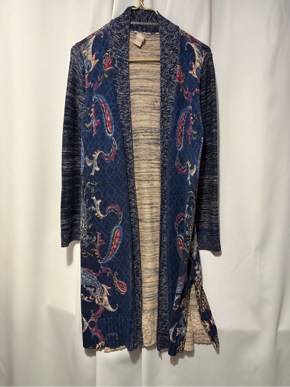 Chico's Blue Paisley thick Open-Front Long Cardigan